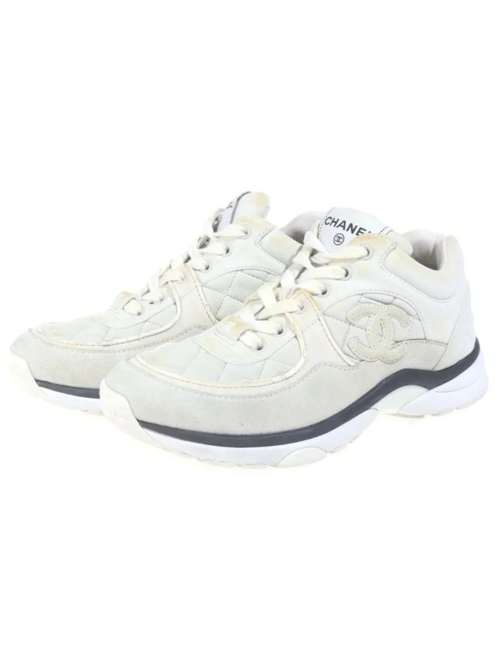 Chanel Logo CC Quilted Leather Suede Low Cut Sneakers 36 White